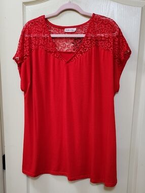 SOUTHERN STITCH RED BLOUSE WITH CHEETAH PRINT LACE YOKE